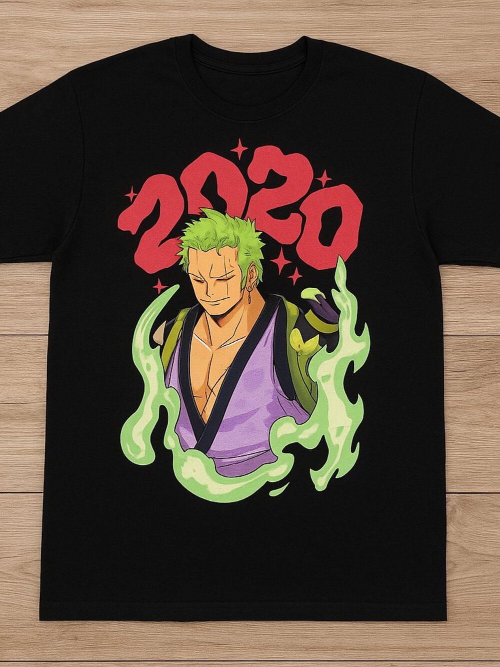 Anime Swordsman Graphic T-Shirt | Green Hair Warrior Anime Tee | Japanese Street